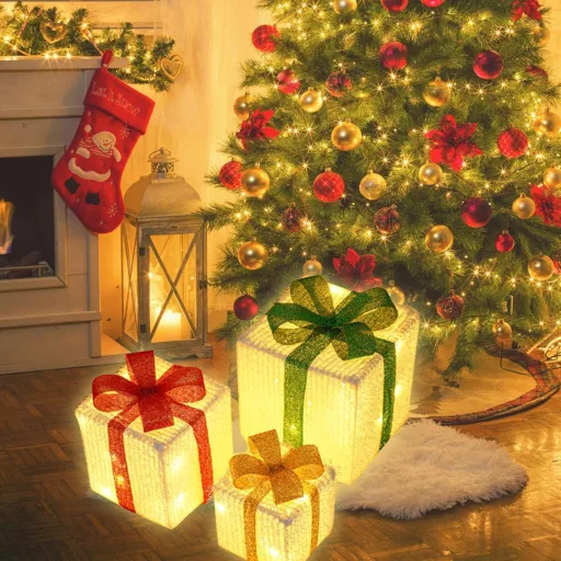 Set 3 cutii cadou cu LED Lecone, decorațiune de Crăciun cu 80 LED-uri, pentru interior și exterior