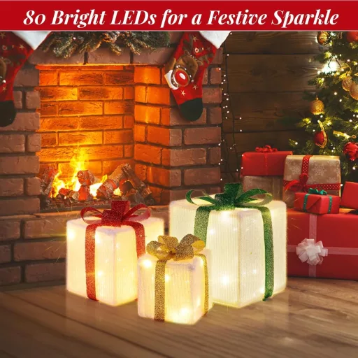 Set 3 cutii cadou cu LED Lecone, decorațiune de Crăciun cu 80 LED-uri, pentru interior și exterior
