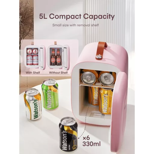 Mini frigider FOHERE de 5 litri pentru cosmetice și băuturi, 220V/12V, frigider pentru dormitor și mașină, roz