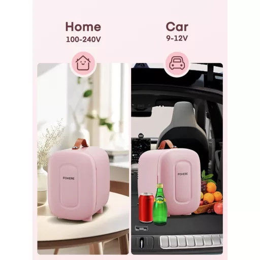 Mini frigider FOHERE de 5 litri pentru cosmetice și băuturi, 220V/12V, frigider pentru dormitor și mașină, roz