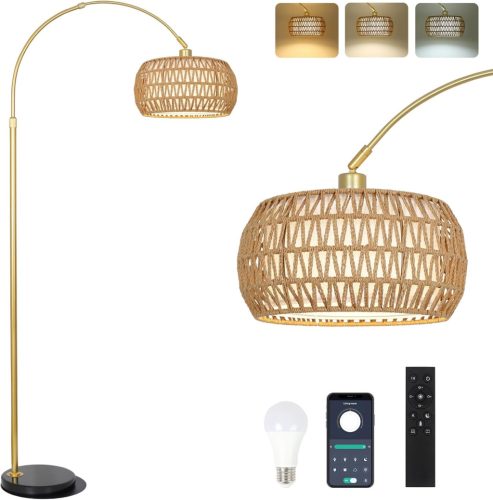 Rayofly Lampă de Podea Arcuită Aurie cu Abajur din Rattan - Lampă de Podea Modernă Boho cu Telecomandă, Bec LED, Control prin Aplicație, Reglare a Intensității Luminoase