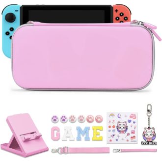   innoAura Nintendo Switch Taška 16-v-1 Súprava príslušenstva s puzdrom, puzdrom na hry, ochranným puzdrom, stojanom a krytkami na joystick – ružová