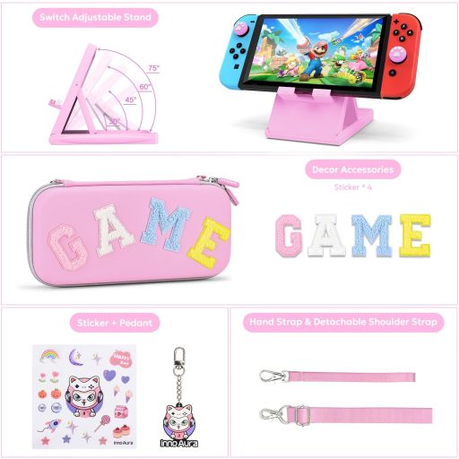 innoAura Geantă Nintendo Switch Set Accesorii 16-în-1 cu Geantă de Transport, Etui Jocuri, Husă de Protecție, Suport și Capace Joystick - Roz