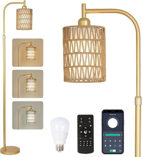 Lampadar Rayofly cu telecomandă - Design Boho din ratan auriu, reglabil