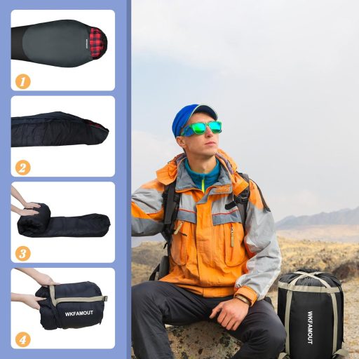 Sac de dormit mumie WKFAMOUT până la -12°C, flanel 500GSM, 3-4 sezoane, camping, călătorii