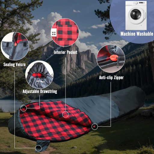 Sac de dormit mumie WKFAMOUT până la -12°C, flanel 500GSM, 3-4 sezoane, camping, călătorii