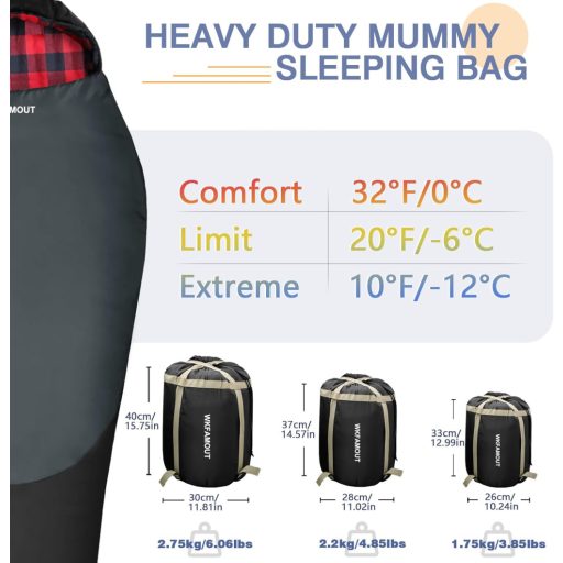 WKFAMOUT Mumia Hálózsák -12°C-ig 500GSM Flanel 3-4 Évszak Kemping Utazás