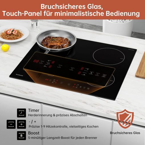 Gudsunal Indukcijska ploča za kuhanje s fleksibilnim zonama, 60 cm, 7200W, Kontinuirano zagrijavanje na niskoj temperaturi, Funkcija brzog kuhanja, 9 razina snage, Timer