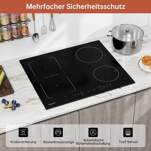 Gudsunal Indukciós Főzőlap Flex Zónákkal, 60 cm, 7200W, Fokozatmentes Alacsony Hőfokú Melegítés, Gyorsfőző Funkcióval, 9 Hőfokozat, Időzítő