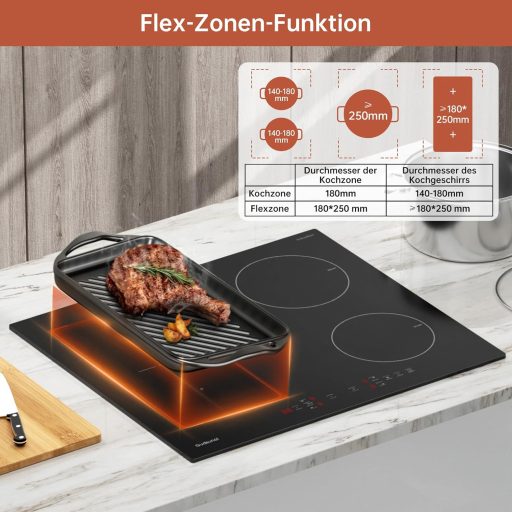 Gudsunal Indukciós Főzőlap Flex Zónákkal, 60 cm, 7200W, Fokozatmentes Alacsony Hőfokú Melegítés, Gyorsfőző Funkcióval, 9 Hőfokozat, Időzítő