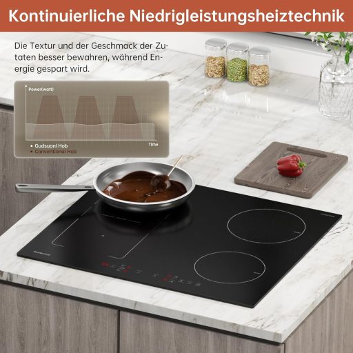 Gudsunal Indukciós Főzőlap Flex Zónákkal, 60 cm, 7200W, Fokozatmentes Alacsony Hőfokú Melegítés, Gyorsfőző Funkcióval, 9 Hőfokozat, Időzítő