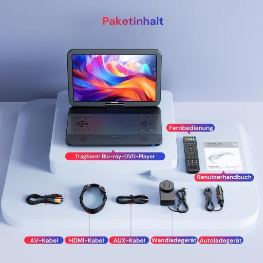 GOnavidio 15.4" Hordozható Blu-ray DVD Lejátszó 1920x1080 HD, 270° Forgatható, 5 Órás Akkumulátor