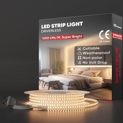 Bandă LED Shine Decor 15m - IP65 Impermeabilă, 220-230V, SMD 2835, 120 LED/m, Lumină Albă Caldă pentru Decor Interior și Exterior, Bucătărie, K