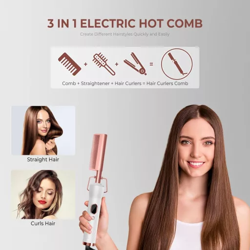 Perie electrică de îndreptat părul UKLISS cu ecran LCD - Albă, pentru coafat, cu control al temperaturii 120-230°C și oprire automată
