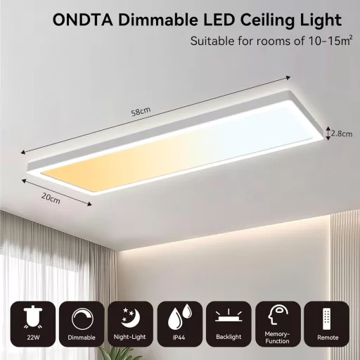 Plafonieră LED ONDTA Dimbilă 22W 58x20cm 2700K-6500K cu Telecomandă