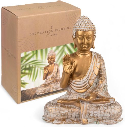 Statuetă Buddha Vintage Auriu-Alb MIJOMA, 21 cm, din Polirezină, cu Suport pentru Lumânare - Decor Spiritual pentru Casă, Cadou Elegant