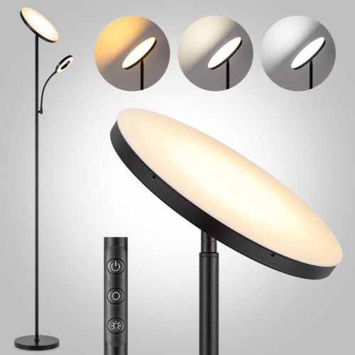 Lampă de podea LED modernă Home Sweet Home cu lampă de citit - Negru, control tactil, intensitate luminoasă reglabilă 2700K-6500K, 42W, 3636lm, 175cm înălțime