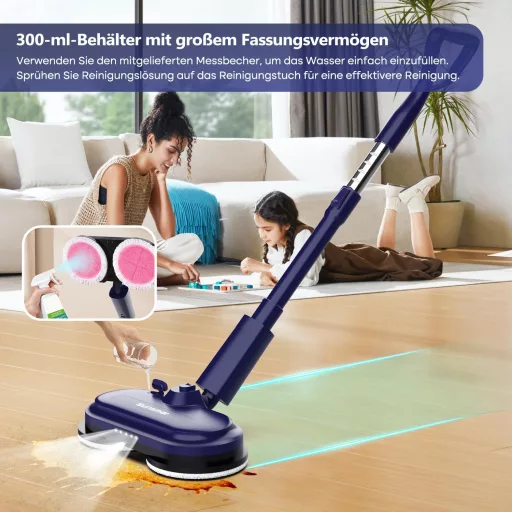 Mop electric fără fir SUNSMAI cu LED, funcție de pulverizare, rezervor de apă de 300 ml, baterie detașabilă și rotație dublă