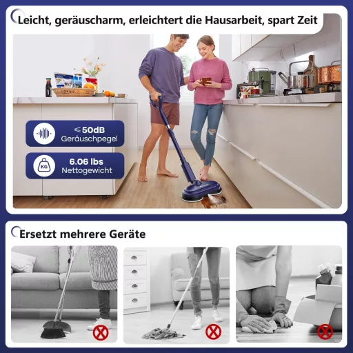 Mop electric fără fir SUNSMAI cu LED, funcție de pulverizare, rezervor de apă de 300 ml, baterie detașabilă și rotație dublă
