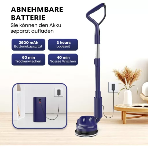 Mop electric fără fir SUNSMAI cu LED, funcție de pulverizare, rezervor de apă de 300 ml, baterie detașabilă și rotație dublă