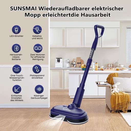 Mop electric fără fir SUNSMAI cu LED, funcție de pulverizare, rezervor de apă de 300 ml, baterie detașabilă și rotație dublă