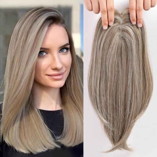 Extensii de păr pentru femei EMMOR, 45 cm, șaten deschis și blond cenușiu - Păr sintetic cu bază elvețiană și 3 clipsuri