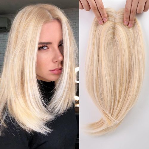 EMMOR Perucă de păr blond deschis și blond cu șuvițe, 35 cm, pentru femei - Extensie de păr sintetic cu bază elvețiană și 3 clipsuri