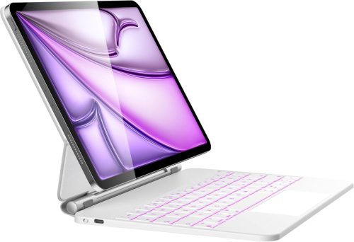 HOU iPad Air 13 és Pro 12.9 Billentyűzetes Tok - QWERTZ, Érintőpaddal, 7 Színű Háttérvilágítással, Mágneses Dizájn, Fehér - Kompatibilis M3/