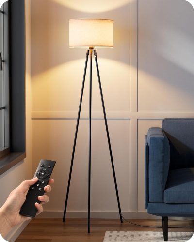 EDISHINE Lampadar Trepied Metalic - Lampă de Citit LED Dimmabilă cu Telecomandă pentru Living și Dormitor, cu Abajur din In, Bec LED E27, Negru