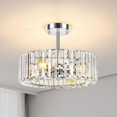 FRIDEKO HOME Lampă de plafon modernă cu cristale - Crom, 4 becuri, candelabru rotund, 37 cm diametru, soclu E27 pentru dormitor, living, bucătărie