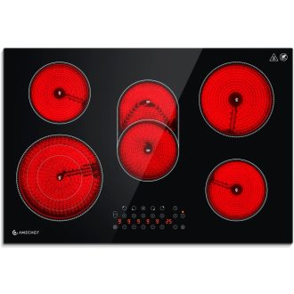   AMZCHEF 5 zónás 77 cm-es Beépíthető Kerámia Főzőlap 8500W- 9 Teljesítményszinttel, Biztonsági Zárral, Piros, Elektromos Üzemű