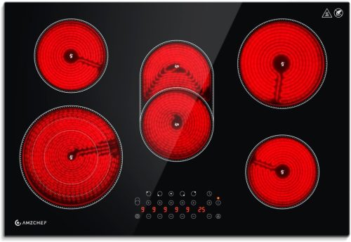 AMZCHEF 5 zónás 77 cm-es Beépíthető Kerámia Főzőlap 8500W- 9 Teljesítményszinttel, Biztonsági Zárral, Piros, Elektromos Üzemű