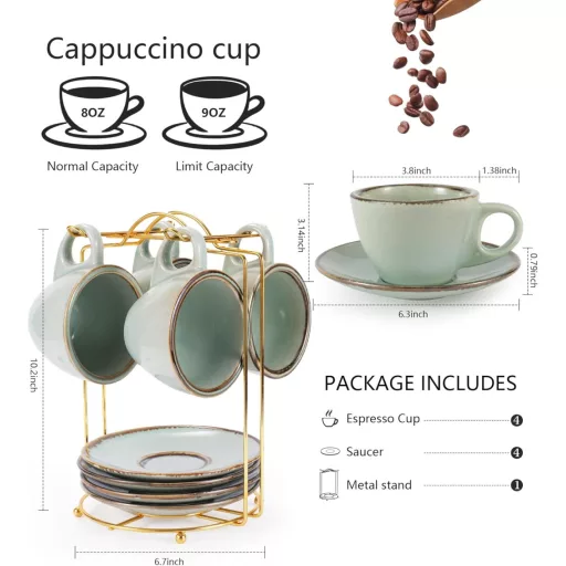 Futelang Cappuccino Csészék 237ml 4db-os Készlet - Vastag Falú Kerámia Kávéscsészék Csészealjjal és Tartóval, Tengerzöld