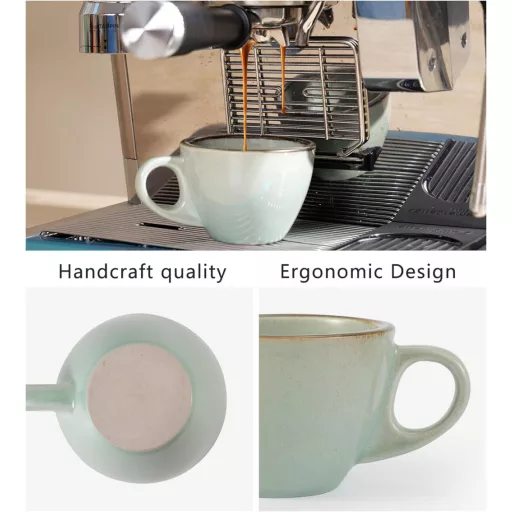 Set 4 Cești Cappuccino Futulang 237ml - Cești de cafea ceramice cu pereți groși, cu farfurioară și suport, Verde Marin