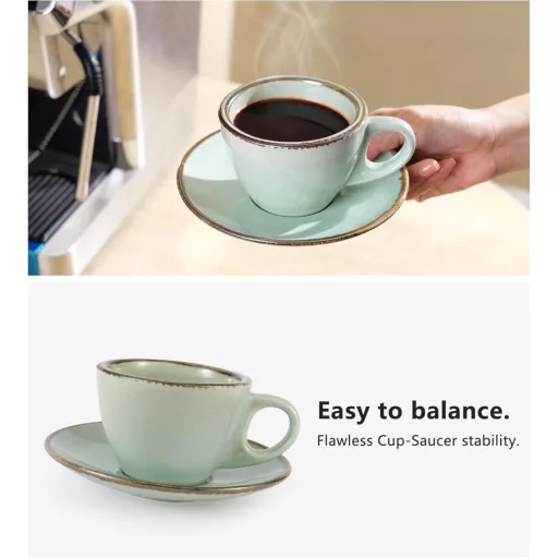 Set 4 Cești Cappuccino Futulang 237ml - Cești de cafea ceramice cu pereți groși, cu farfurioară și suport, Verde Marin