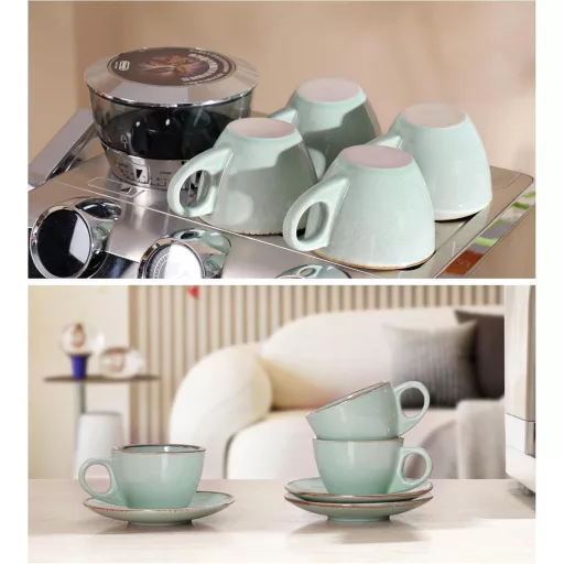 Set 4 Cești Cappuccino Futulang 237ml - Cești de cafea ceramice cu pereți groși, cu farfurioară și suport, Verde Marin