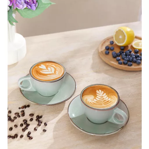Set 4 Cești Cappuccino Futulang 237ml - Cești de cafea ceramice cu pereți groși, cu farfurioară și suport, Verde Marin