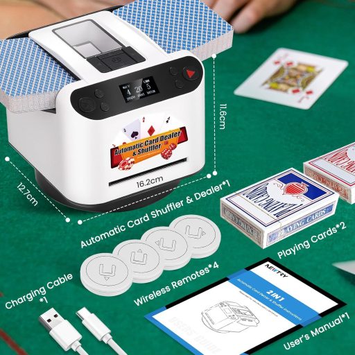 NEWTRY 2-în-1 Amestecător și Distribuitor de Cărți, Distribuitor de Cărți Rotativ 360° pentru UNO, Poker, Blackjack, cu 4 Telecomenzi, Până la 8 Jucători