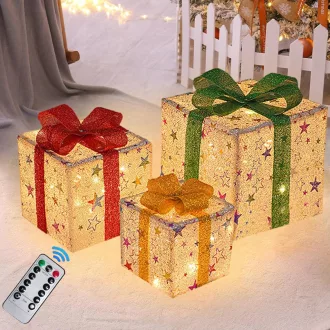   Weiongppy 3 LED-es Dekoratív Ajándékdoboz Csillag Mintával, Távirányítóval és Időzítővel