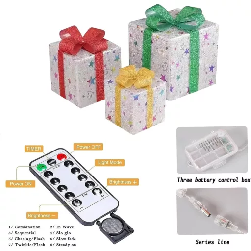 Weiongppy 3 LED-es Dekoratív Ajándékdoboz Csillag Mintával, Távirányítóval és Időzítővel