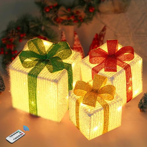 Set de 3 Cutii Cadou Decorative cu LED Weiongppy pentru Crăciun, 50 LED-uri, cu Telecomandă și Temporizator