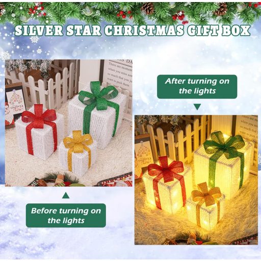 Set de 3 Cutii Cadou Decorative cu LED Weiongppy pentru Crăciun, 50 LED-uri, cu Telecomandă și Temporizator