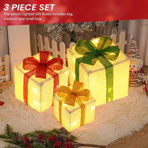 Set de 3 Cutii Cadou Decorative cu LED Weiongppy pentru Crăciun, 50 LED-uri, cu Telecomandă și Temporizator