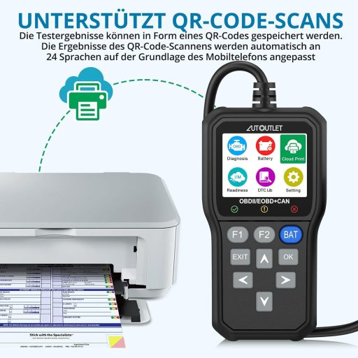 Dispozitiv de diagnoză auto OBD2 AUTOUTLET cu ecran color, funcție de citire a codurilor QR și testare a bateriei