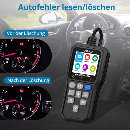 Dispozitiv de diagnoză auto OBD2 AUTOUTLET cu ecran color, funcție de citire a codurilor QR și testare a bateriei