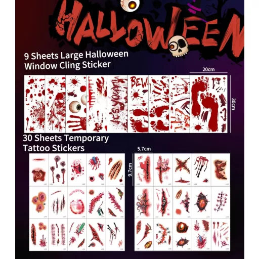 Set de 174 de autocolante de Halloween pentru ferestre SUVEK, decor cu pete de sânge și amprente de mâini de zombi.