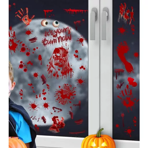 Set de 174 de autocolante de Halloween pentru ferestre SUVEK, decor cu pete de sânge și amprente de mâini de zombi.