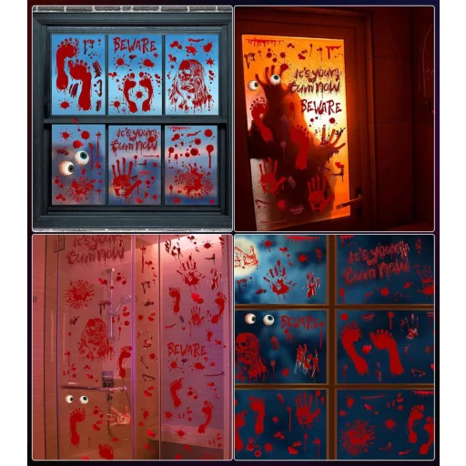 SUVEK 174 darabos Halloween ablakmatrica szett, vérfolt és zombi kéznyom dekoráció
