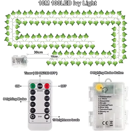 Dekofun 10m 100 LED svetelná girlanda s umelými listami, diaľkovým ovládaním, časovačom a 8 režimami