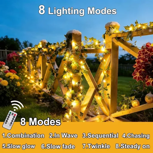 Dekofun 10m 100 LED svetelná girlanda s umelými listami, diaľkovým ovládaním, časovačom a 8 režimami